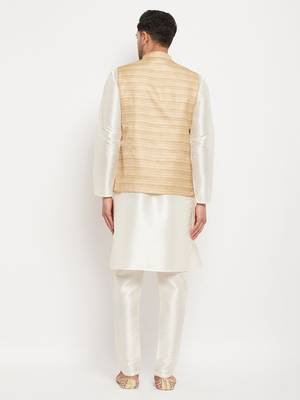 Beige And Cream Silk Blend Jacket, Kurta And Pyjama Set 3