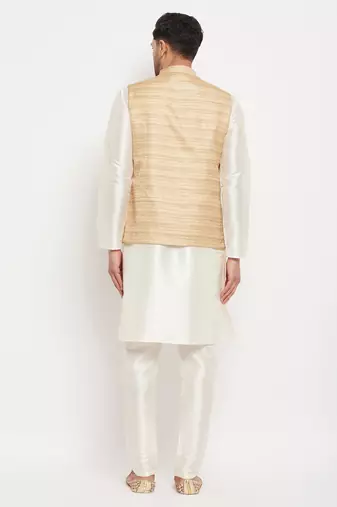 Beige And Cream Silk Blend Jacket, Kurta And Pyjama Set