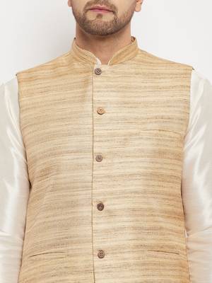 Beige And Cream Silk Blend Jacket, Kurta And Pyjama Set 4