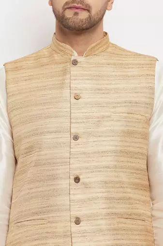 Beige And Cream Silk Blend Jacket, Kurta And Pyjama Set