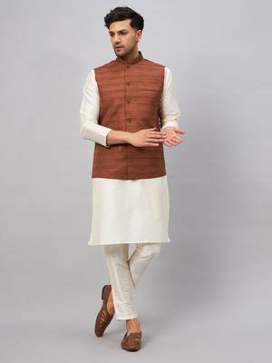 Men'S Cream And Coffee Silk Blend Jacket, Kurta And Pyjama Set 1