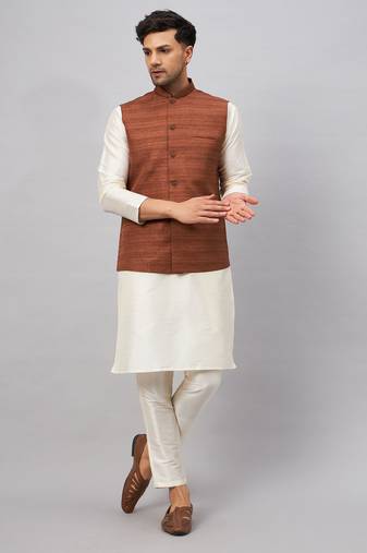 Men'S Cream And Coffee Silk Blend Jacket, Kurta And Pyjama Set