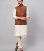 Men'S Cream And Coffee Silk Blend Jacket, Kurta And Pyjama Set