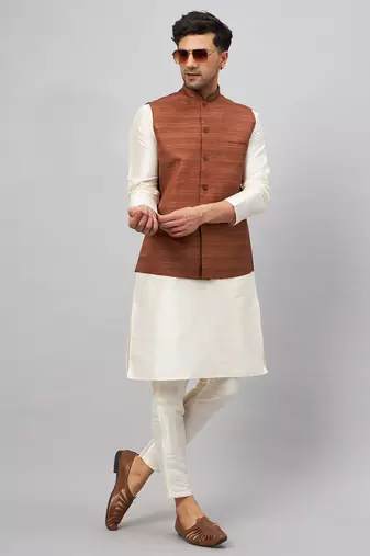 Men'S Cream And Coffee Silk Blend Jacket, Kurta And Pyjama Set
