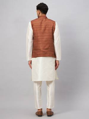 Men'S Cream And Coffee Silk Blend Jacket, Kurta And Pyjama Set 3