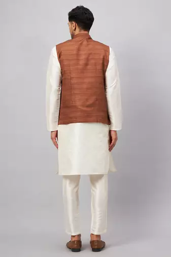 Men'S Cream And Coffee Silk Blend Jacket, Kurta And Pyjama Set
