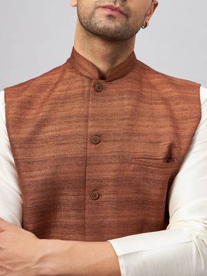 Men'S Cream And Coffee Silk Blend Jacket, Kurta And Pyjama Set 4