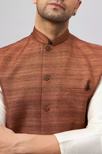 Men'S Cream And Coffee Silk Blend Jacket, Kurta And Pyjama Set