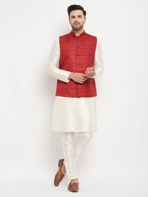 Cream And Maroon Silk Blend Jacket, Kurta And Pyjama Set 1