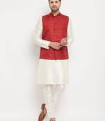 Cream And Maroon Silk Blend Jacket, Kurta And Pyjama Set