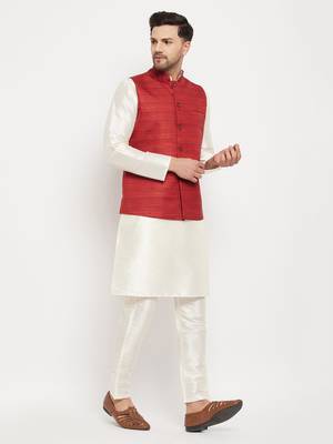 Cream And Maroon Silk Blend Jacket, Kurta And Pyjama Set 2
