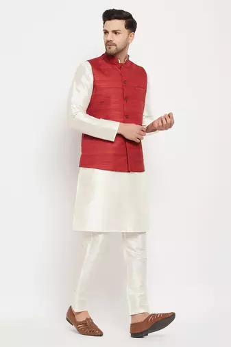 Cream And Maroon Silk Blend Jacket, Kurta And Pyjama Set