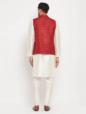 Cream And Maroon Silk Blend Jacket, Kurta And Pyjama Set 3