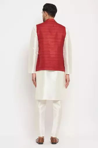 Cream And Maroon Silk Blend Jacket, Kurta And Pyjama Set