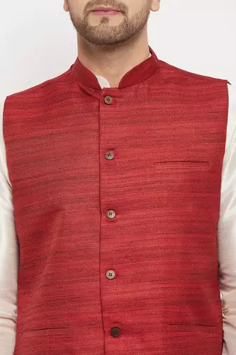 Cream And Maroon Silk Blend Jacket, Kurta And Pyjama Set
