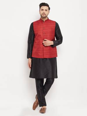 Black And Maroon Silk Blend Jacket, Kurta And Pyjama Set 1