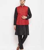 Men'S Black And Maroon Silk Blend Jacket, Kurta And Pyjama Set
