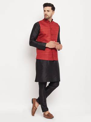 Black And Maroon Silk Blend Jacket, Kurta And Pyjama Set 2