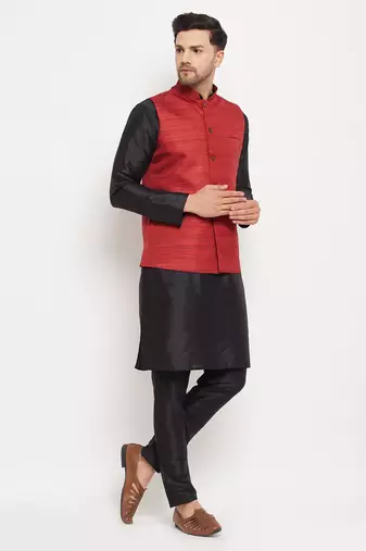 Black And Maroon Silk Blend Jacket, Kurta And Pyjama Set