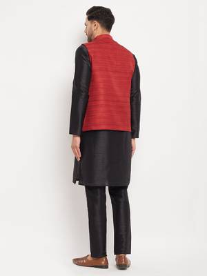 Black And Maroon Silk Blend Jacket, Kurta And Pyjama Set 3
