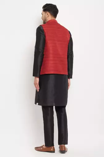 Black And Maroon Silk Blend Jacket, Kurta And Pyjama Set