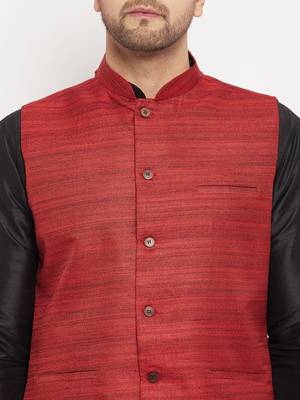 Black And Maroon Silk Blend Jacket, Kurta And Pyjama Set 4