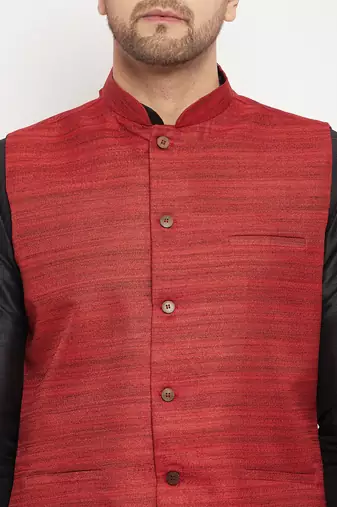 Black And Maroon Silk Blend Jacket, Kurta And Pyjama Set