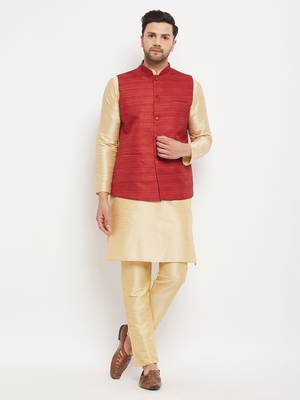 Maroon And Gold Silk Blend Jacket, Kurta And Pyjama Set 1