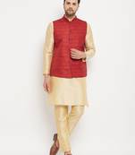 Maroon And Gold Silk Blend Jacket, Kurta And Pyjama Set