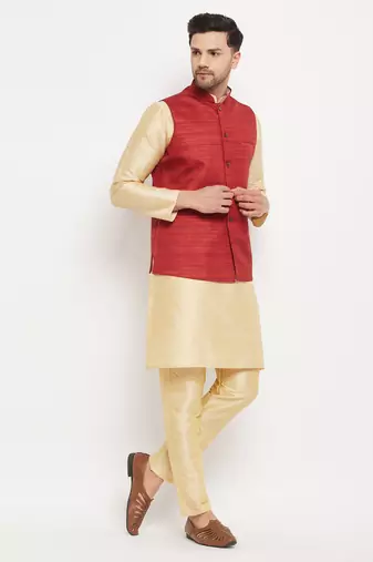 Maroon And Gold Silk Blend Jacket, Kurta And Pyjama Set