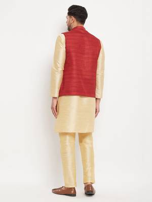 Maroon And Gold Silk Blend Jacket, Kurta And Pyjama Set 3