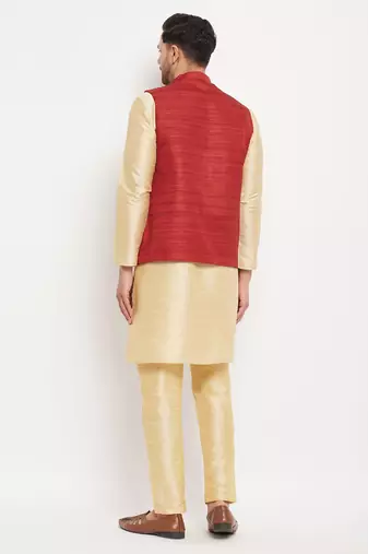 Maroon And Gold Silk Blend Jacket, Kurta And Pyjama Set
