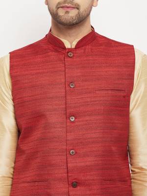 Maroon And Gold Silk Blend Jacket, Kurta And Pyjama Set 4