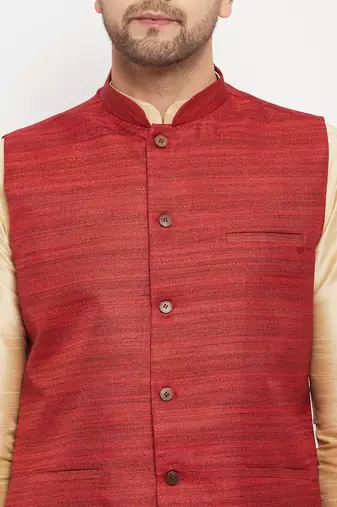 Maroon And Gold Silk Blend Jacket, Kurta And Pyjama Set