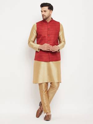 Maroon And Rose Gold Silk Blend Jacket, Kurta And Pyjama Set 1