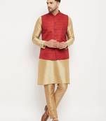 Men'S Maroon And Rose Gold Silk Blend Jacket, Kurta And Pyjama Set