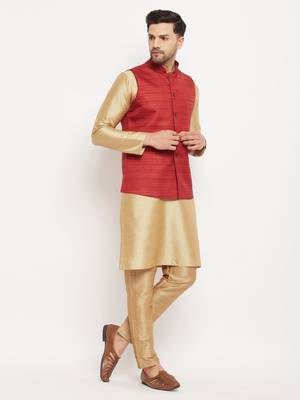 Maroon And Rose Gold Silk Blend Jacket, Kurta And Pyjama Set 2