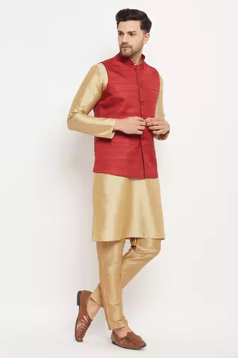 Maroon And Rose Gold Silk Blend Jacket, Kurta And Pyjama Set