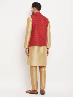 Maroon And Rose Gold Silk Blend Jacket, Kurta And Pyjama Set 3