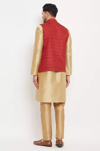 Maroon And Rose Gold Silk Blend Jacket, Kurta And Pyjama Set