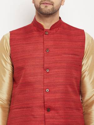 Maroon And Rose Gold Silk Blend Jacket, Kurta And Pyjama Set 4