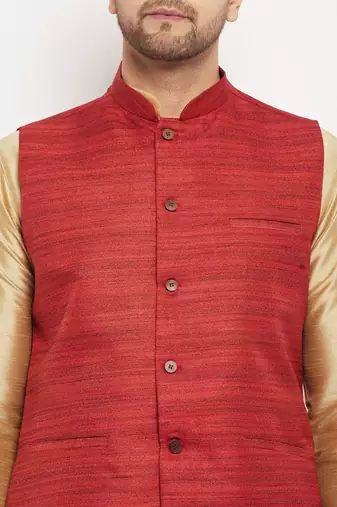 Maroon And Rose Gold Silk Blend Jacket, Kurta And Pyjama Set