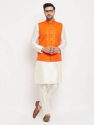Orange And Cream Silk Blend Jacket, Kurta And Pyjama Set 1