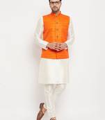 Orange And Cream Silk Blend Jacket, Kurta And Pyjama Set