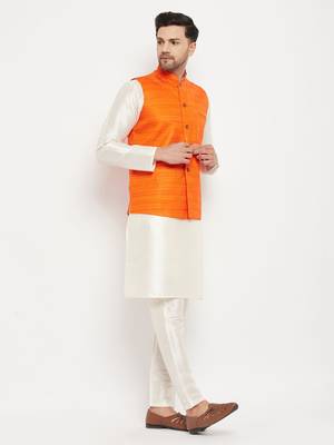 Orange And Cream Silk Blend Jacket, Kurta And Pyjama Set 2