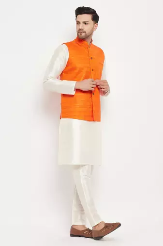 Orange And Cream Silk Blend Jacket, Kurta And Pyjama Set