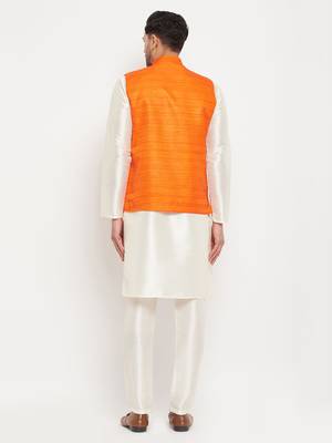 Orange And Cream Silk Blend Jacket, Kurta And Pyjama Set 3