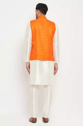 Orange And Cream Silk Blend Jacket, Kurta And Pyjama Set