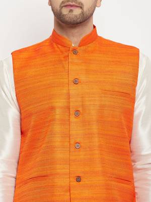 Orange And Cream Silk Blend Jacket, Kurta And Pyjama Set 4