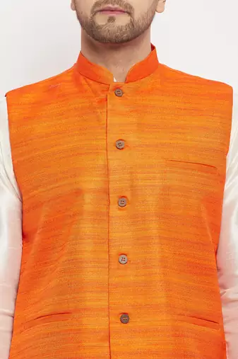 Orange And Cream Silk Blend Jacket, Kurta And Pyjama Set